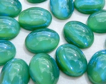 Vintage Glass Cabochon 6 pcs 16x12 Rare Iridescent Green Opal Stones S-271 Vintage