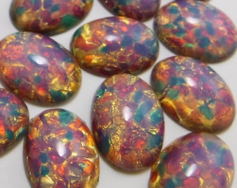 18x13mm Glass Cabochon Opal Vintage Pink Fire Opal Harlequin S-15-B