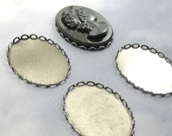 Lace Edge Settings 30x22mm Antiqued Silver Cab Sets 4 pcs Cabochon Oval Brass Stamping M-1