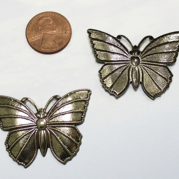 2 Large Butterfly Charms antique silver brass stampings lot 4