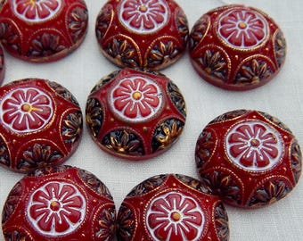 Vintage Hand Painted Glass Cabochons: Red Art Deco Mosaic Stones, 18mm S-536