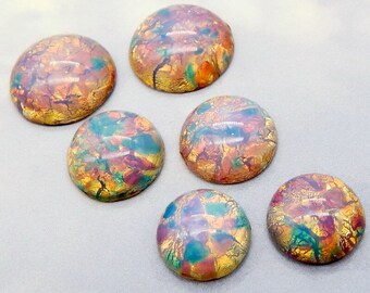 6 pcs Glass Opal Stones Cabochon 18mm, 15mm, 13mm  Vintage Pink Fire Opal Harlequin LOT 81