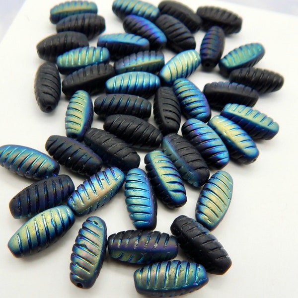 25 pcs Jet AB Glass Beads 14x7 mm Czech Pressed Glass Tube Beads B-146