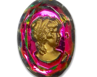 Rare Vintage Cameo 25x18  Iridescent Glass Cabochon Intaglio Fuschia S-456