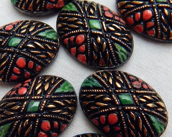 Vintage Glass Cabochons 2 pcs 18x13 mm Black Green Red Gold Vintage Glass Cabochon Stones S-27