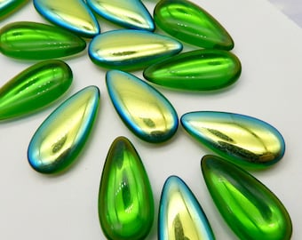 Vintage Glas Tropfen Cabochon Steine Anhänger 4 Stück 24x12 Grün AB Tropfen S-364