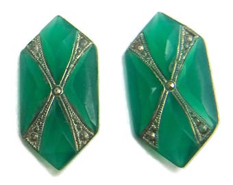 Art Deco Glass Cabochon Faceted Rare Vintage Jade Markasite Stones  2 pcs S-423