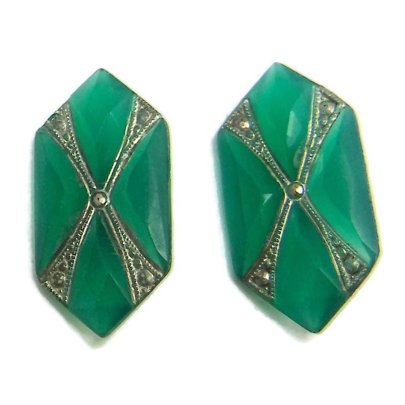 Art Deco Glass Cabochon Faceted Rare Vintage Jade Markasite Stones 2 pcs S-423 image 1