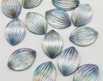 Vintage Glass Cabochon 6 pcs 14x10 mm Blue iridescent Stones S-112