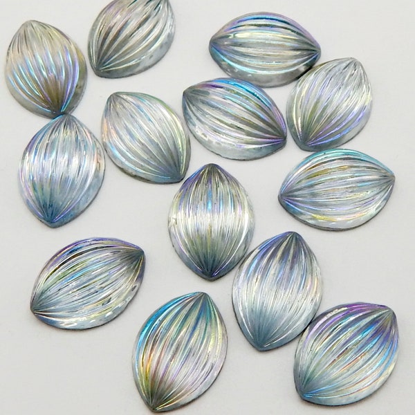 Vintage Glass Cabochon 6 pcs 14x10 mm Blue iridescent Stones S-112