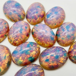 4 pcs Glass Opal Stones Cabochon 18x13mm  Vintage Pink Fire Opal Harlequin S-15-R