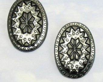 Vintage Glass Cabochons 2 pcs 25x18mm Faceted black and Hematite stones S-72