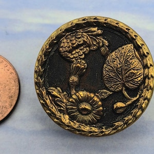 Antique Victorian Button 1 inch Ornate Floral Brass Button Picture Button V-7