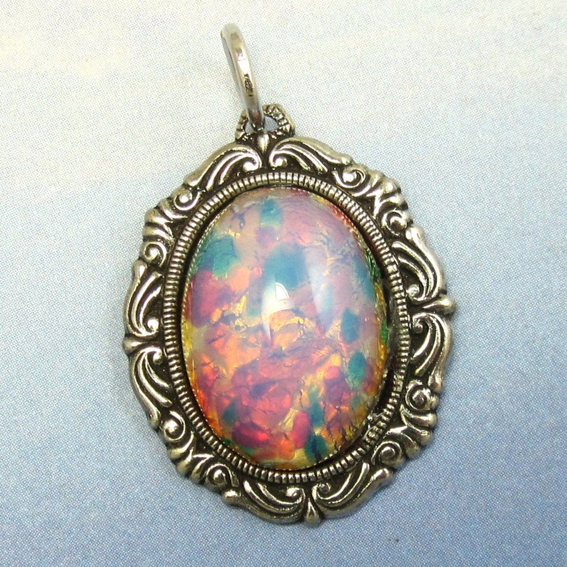 Pink Fire Opal Pendant Harlequin Vintage Glass Cabochon Silver - Etsy