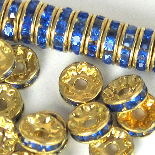 Crystal Rhinestone Beads 18 pcs 6mm Sapphire Blue Crystal Gold Vintage Rondelle Bead B-31