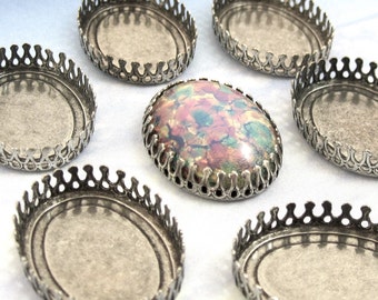 25x18 mm Crown Edge Settings 4 Antique Silver Cabochon Oval Brass Stamping M-7