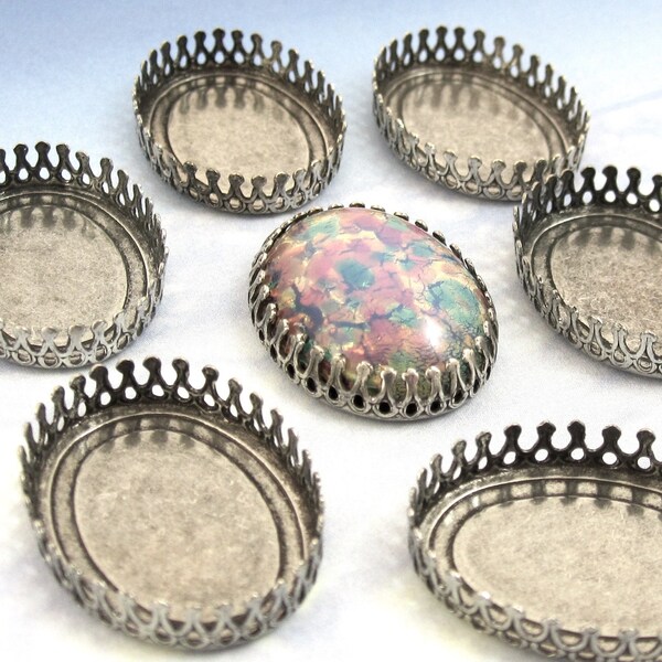 25x18 mm Crown Edge Settings 4 Antique Silver Cabochon Oval Brass Stamping M-7