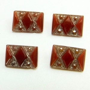 Art Deco Glass Cabochon Faceted Rare Vintage Carnelian Markasite Stones 4 pcs S-425