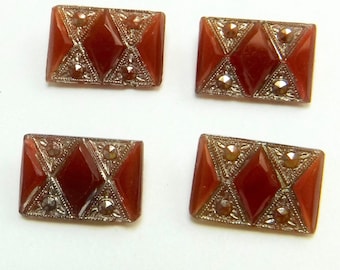 Cabochon in vetro Art Déco sfaccettati, rari, vintage, in corniola markasite, 4 pezzi S-425
