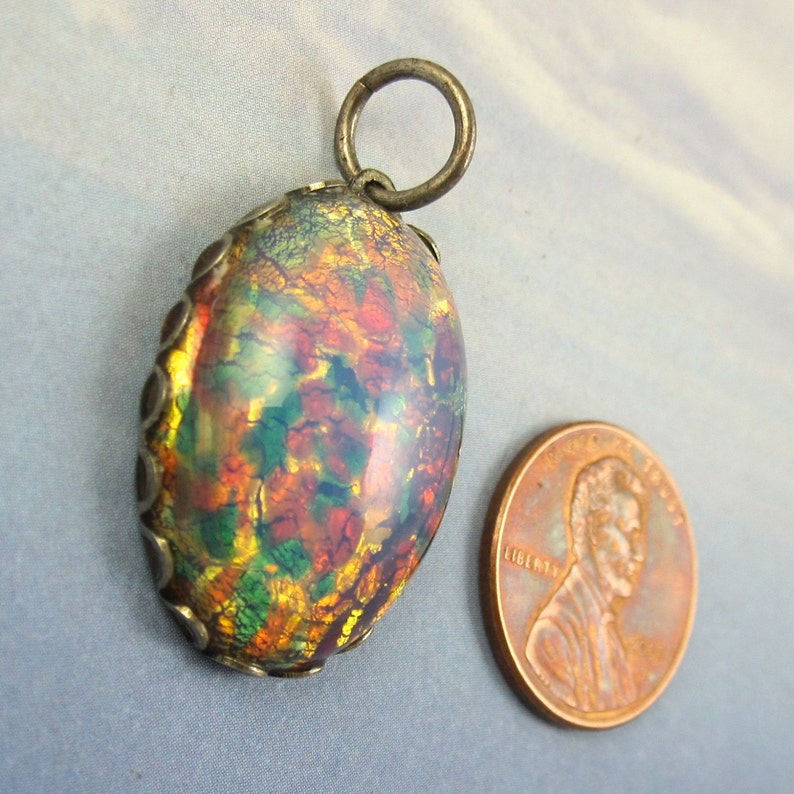 Vintage Glass Pendant Fire Opal Cabochon Pink Opal in Silver setting sc