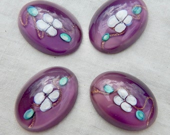 Vintage Glass Cabochon 25x18mm Purple Lampwork Floral Stone S-390