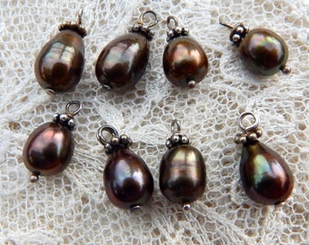 8 pcs Pearl Drop Beads Earrings 8x6mm Sterling Silver Chocolate Brown Fresh Water Pearl A 201
