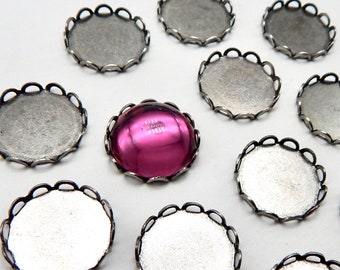 Lace Edge Settings 15 mm Antiqued Silver Cab Sets 15mm 6 pcs Cabochon Setting Round Brass Stamping M-41