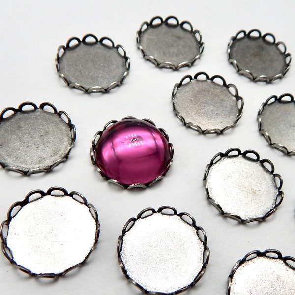 Lace Edge Settings 15 mm Antiqued Silver Cab Sets 15mm 6 pcs Cabochon Setting Round Brass Stamping M-41