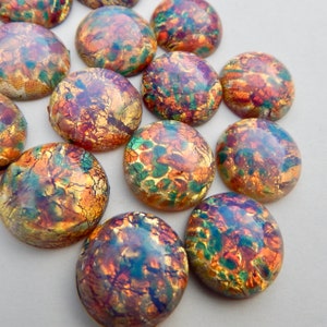 6 pcs  Vintage Glass Cabochon 15mm Pink Fire Opal Harlequin Stones S-98-Y