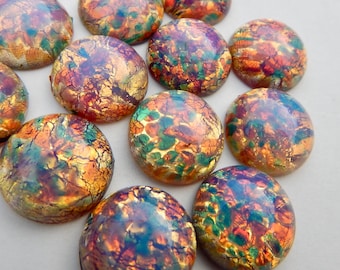 6 Stück Vintage-Glascabochon 15 mm Rosa Feueropal Harlekinsteine S-98-Y