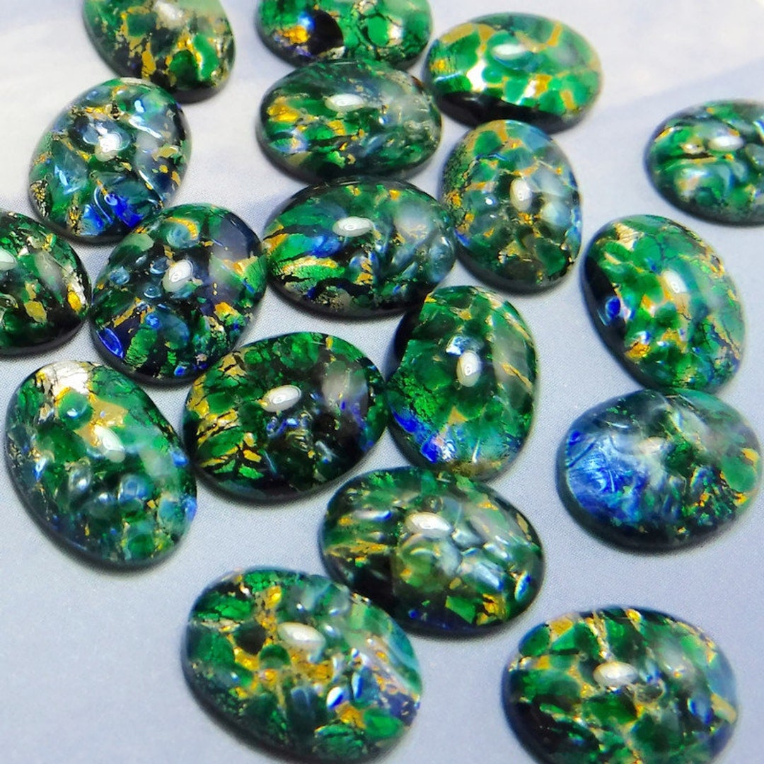 Green Opal Cabochons 14x10 Vintage Glass Fire Opal Cabs 2 Pcs Etsy