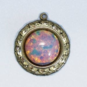 Pink Harlequin Opal Vintage Glass Cabochon in rhinestone setting D-89