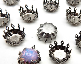 11mm Brass Crown Settings 6 pcs Antique Silver Prong Cab Sets Cabochon Crown Edge Stamping M-17