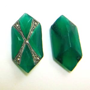 Art Deco Glass Cabochon Faceted Rare Vintage Jade Markasite Stones 2 pcs S-423 image 2