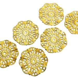 6 Victorian Filagree Charms Large Round Pendants Raw Brass Stamping M-115