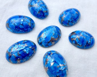 Rare vintage glass cabochon blue silver foil 2 pcs 18x13 S-62