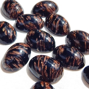 Glass Stones Vintage Glass Cabochons 6 pcs 18x13 Copper Black Stones S-302