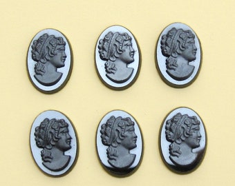 Vintage Glass Cabochon 6 pcs 14x10mm Matte Hematite Stones CAMEOS S-41