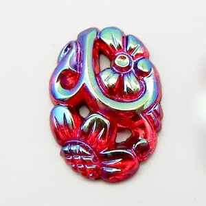Vintage Glass Cabochons RARE 2 pcs 18x13 RED Iridescent Flower Opal Stones S-191