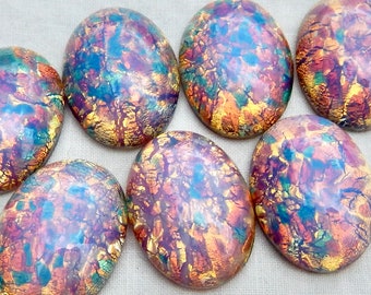 2 Stück 25 x 18 mm Glascabochon, 2 Stück Vintage Harlekin-Opalsteine in Rosa S-12-Y