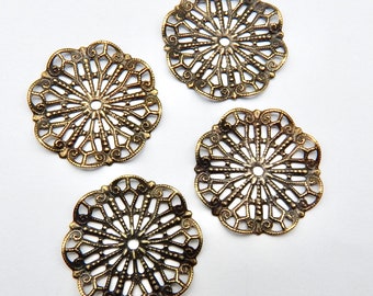 4 Victorian Filagree Large Round Pendants Stamping Charms 1" Antique Brass M-