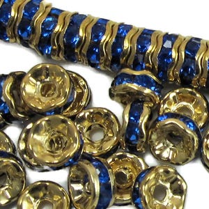 36 Vintage Sapphire Blue Crystal Rhinestone Rondelle Beads: Gold Settings, 6mm