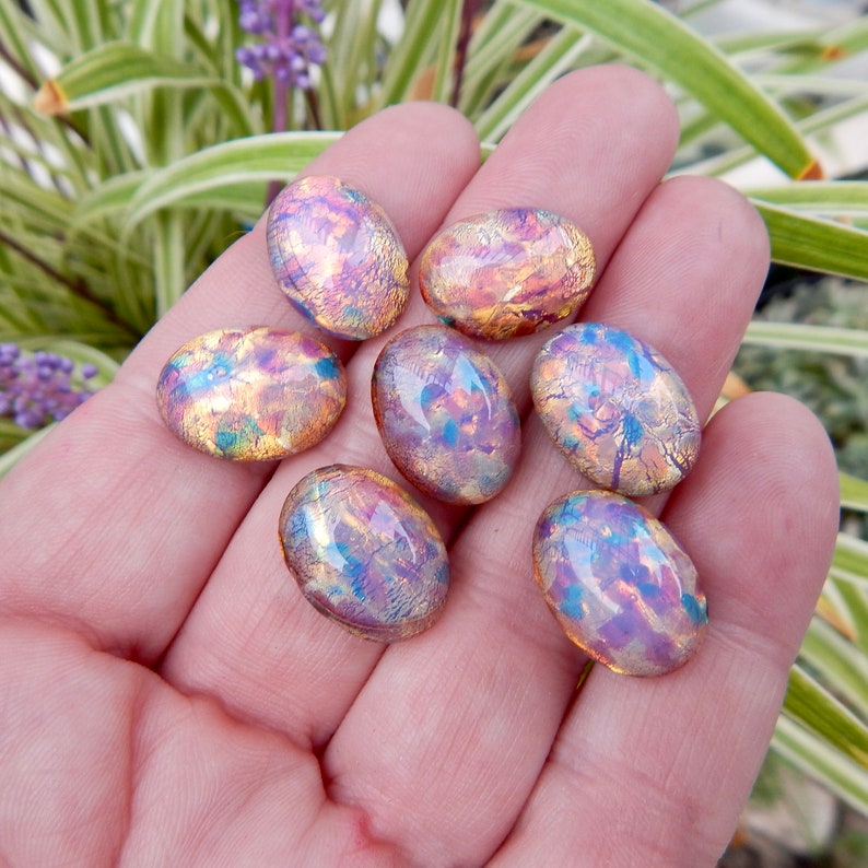 Vintage glass cabochon 4 pcs 18x13 mm pink fire opal harlequin S-15 Y image 3