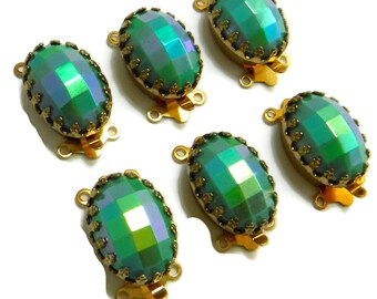 Ornate Gold Clasp 2 Strand Green AB Vintage Glass Cabochon in Gold Crown Setting C-2