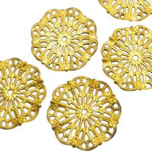6 Victorian Filagree Stamping Charms 1&quot; Large Round Pendants Raw Brass M-115