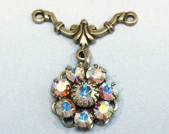 Crystal Ab Rhinestone Flower Swarovski Connector Filagree in Antique Silver Link