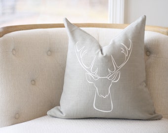 18"x18" Light Gray Linen with White Ink "Deer" Pillow Cover