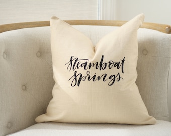 18"x18" Natural Colored Linen with Black Ink "Steamboat Springs" Pillow Cover | Colorado Pillow