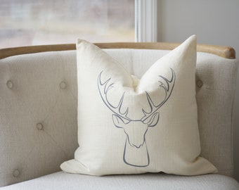 18"x18" Ivory Colored Linen with Grey Ink "Deer" Pillow Cover
