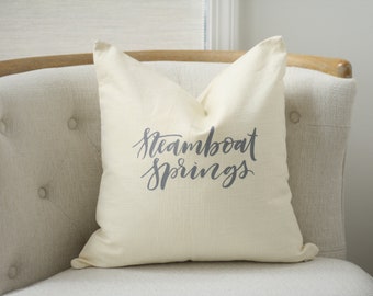 18"x18" Ivory Linen with Gray Ink "Steamboat Springs" Pillow Cover | Colorado Pillow